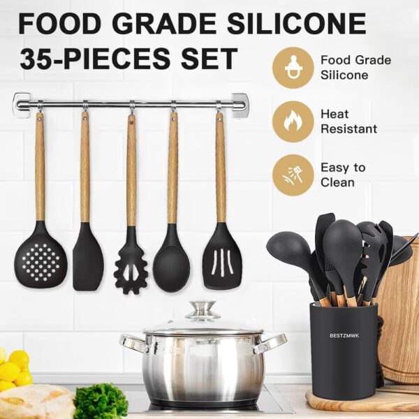 Cooking Utensils Set- 35 PCs Kitchen Utensils with Grater,Tongs, Spoon Spatula &Turner Made of Heat Resistant Food Grade Silicone and Wooden Handles Kitchen Gadgets Tools Set for Nonstick Cookware - Image 3