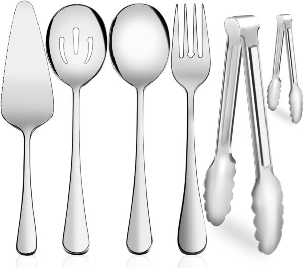 Serving Utensils, XEVOM 6-Piece Stainless Steel Serving Utensil Set Include Serving Spoon, Slotted Serving Spoon, Serving Fork,Serving Tong, Appetizers Tong,Pie Server (Silver)