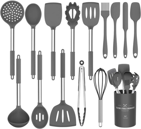 Silicone Cooking Utensil Set,Umite Chef Kitchen Utensils 15pcs Set Non-stick Heat Resistan BPA-Free Stainless Steel Handle Tools Whisk - Grey