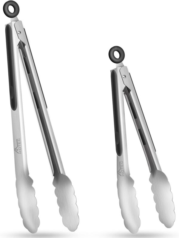 Hotec Stainless Steel Kitchen Tongs Set of 2 - 9" and 12", Locking Metal Food Tongs Non-Slip Grip