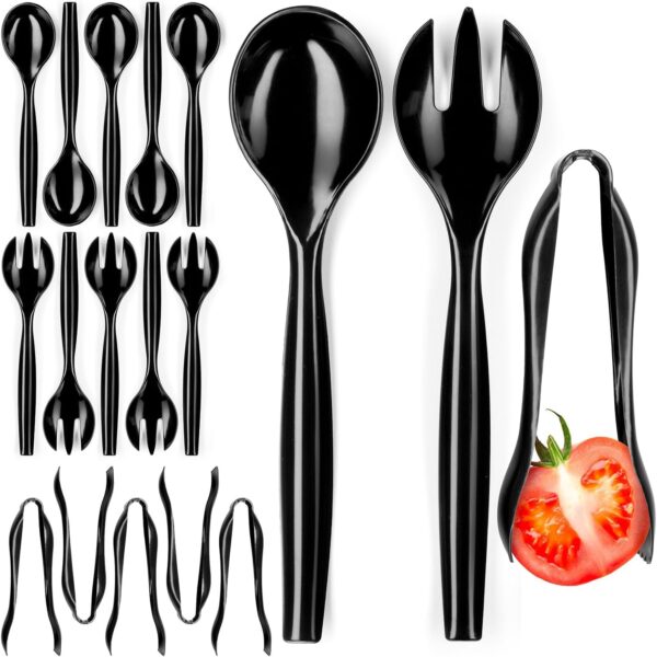 Disposable Plastic Serving Utensils - Set of 18 Black Plastic Utensils, 6 Each 6" Serving Tongs, 10” Serving Spoons, 10” Serving Forks, Buffet Serving Utensils, Party Utensils