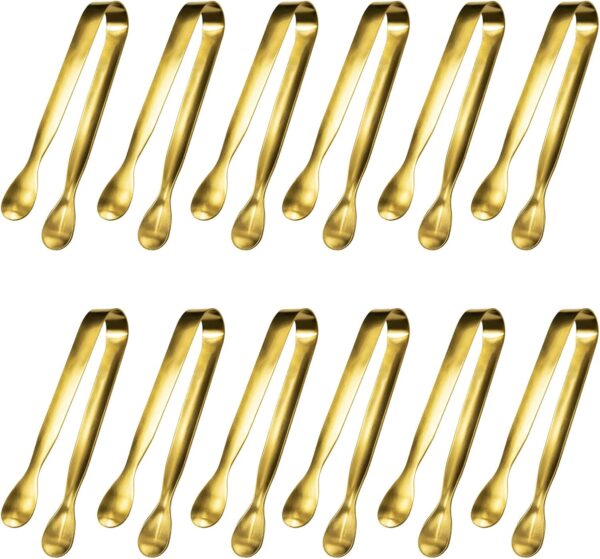 JCREN 12 Pcs Serving Tongs, Small Serving Utensils for Parties Catering Gold Tongs, Food-Grade 304 Stainless Steel Mini Appetizer Tongs for Tea Party Coffee Bar, 4" Sugar Tongs - Gold