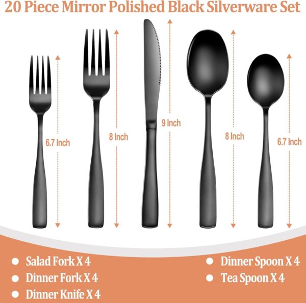 20 Pcs Black Silverware Set, Food-Grade Stainless Steel Flatware Set for 4, Square Cutlery Set, Mirror Polished Tableware Eating Utensils Set for Kitchen, Include Knife Fork Spoon Set,Dishwasher Safe - Image 2