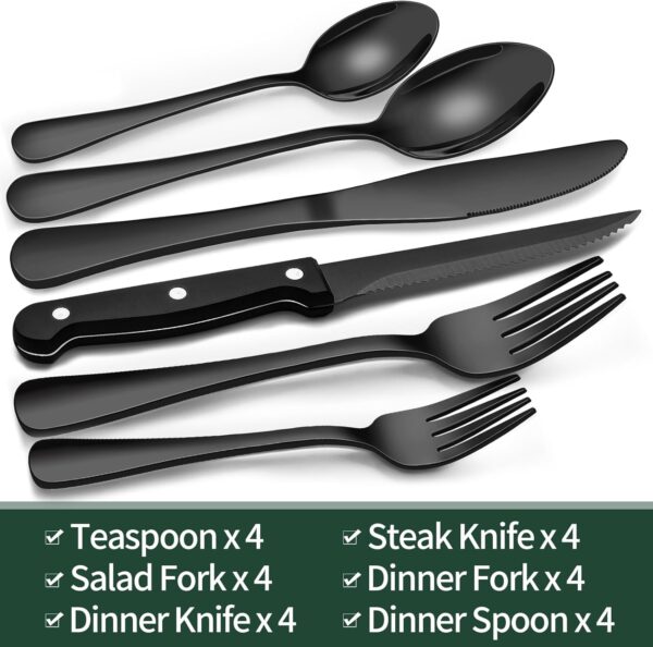 24-Piece Black Silverware Set with Steak Knives, Black Flatware Set for 4, Food-Grade Stainless Steel Tableware Cutlery Set, Mirror Finished Utensil Sets for Home Restaurant - Image 2