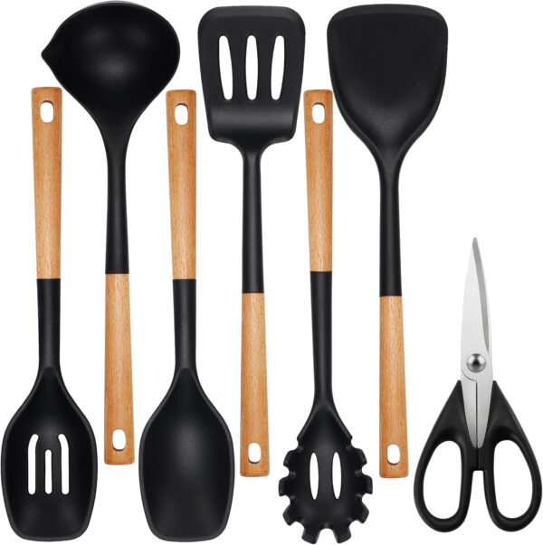 QMVESS Large Silicone Cooking Utensils Set 7 Pcs Heat Resistant Kitchen Utensils Set Food Grade Silicone and Wooden Handles Spatula Soup Ladle Pasta Server Kitchen Scissors BPA Free (Black)