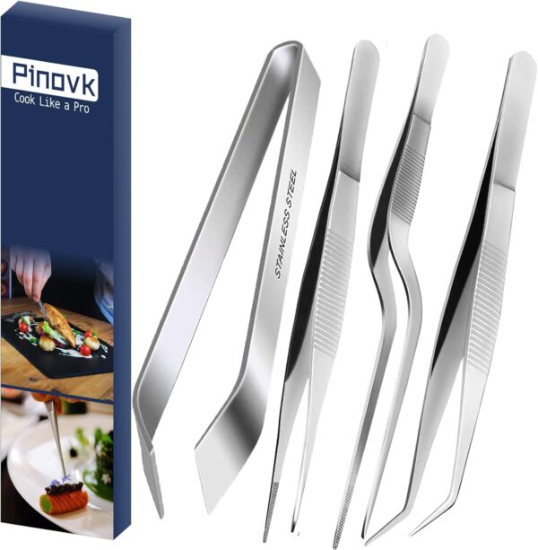 Cooking Tweezers, 4 Piece Set 6.3 inches Stainless Steel Kitchen Tweezers Culinary with Chef Cooking Utensils for Cooking Food Design styling