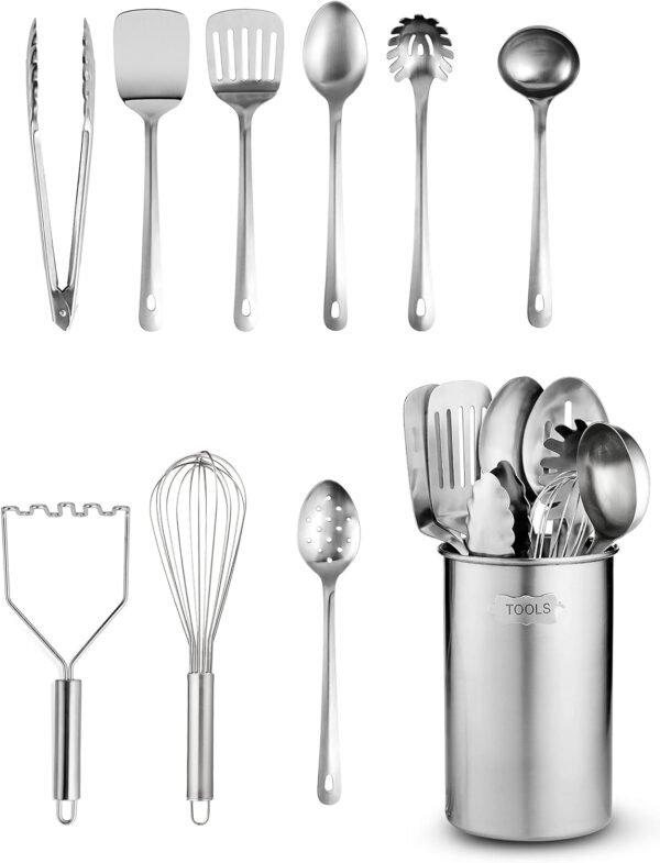 FineDine Stainless-Steel Kitchen Utensil Set - 10-piece premium Nonstick & Heat Resistant Gadgets, Turner, Spaghetti Server, Ladle, Serving Spoons, Whisk, Tongs, Potato Masher & Utensil Holder