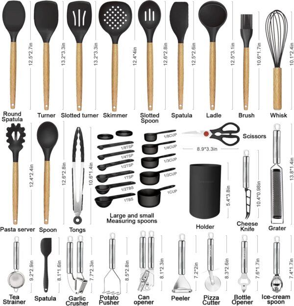 Cooking Utensils Set- 35 PCs Kitchen Utensils with Grater,Tongs, Spoon Spatula &Turner Made of Heat Resistant Food Grade Silicone and Wooden Handles Kitchen Gadgets Tools Set for Nonstick Cookware - Image 2