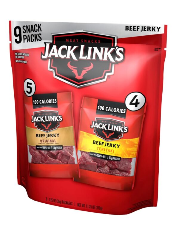 Jack Link's Beef Jerky Variety - Includes Original and Teriyaki Flavors, On the Go Snacks, 13g of Protein Per Serving, 9 Count of 1.25 Oz Bags (Pack of 1)