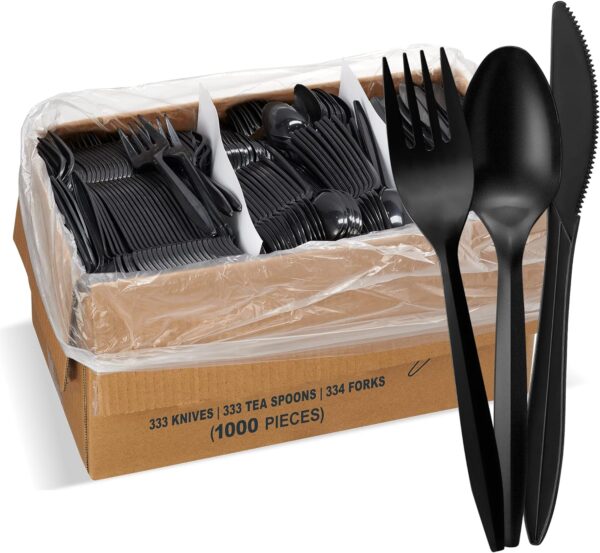 1,000 Plastic Disposable Cutlery Bulk Variety Pack Black Medium Weight Includes 334 forks, 333 knives, 333 soup spoons, Disposable Silverware Plastic Cutlery