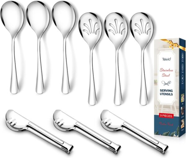 Stainless Steel Metal Serving Utensils - Large Set of 9-10" Serving Spoons, 10" Slotted Spoons, and 9" Serving Tongs by Teivio (Silver)