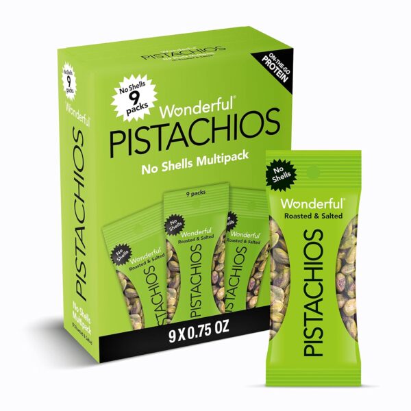 Wonderful Pistachios No Shells, Roasted & Salted Nuts, 0.75 Ounce Bag (Pack of 9), Protein Snacks, Gluten Free, On-the-Go, Individually Wrapped Healthy Snacks