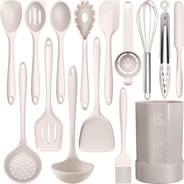 Silicone Cooking Utensils Set - 446°F Heat Resistant Kitchen Utensils,Turner Tongs,Spatula,Spoon,Brush,Whisk,Kitchen Utensil Gadgets Tools Set for Nonstick Cookware,Dishwasher Safe (BPA Free)