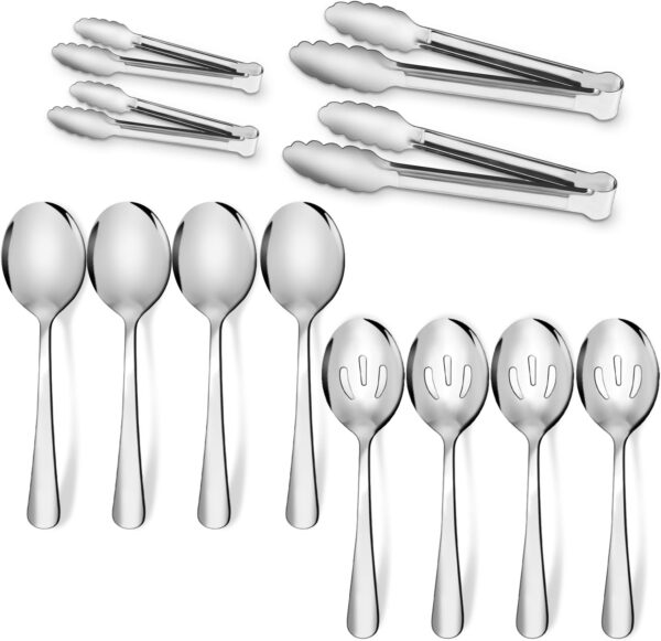 12PCS Stainless Steel Serving Utensils Sets - Large Serving Spoons,Slotted Spoons,Serving Tongs,Appetizer Tongs,Utensills Sets for Buffet Catering Banquet Party (Silver)