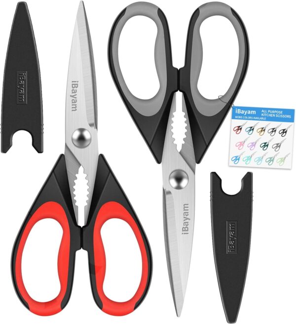 iBayam Kitchen Scissors All Purpose Heavy Duty Meat Poultry Shears, Dishwasher Safe Food Cooking Scissors Stainless Steel Utility Scissors, 2-Pack (Black Red, Black Gray)