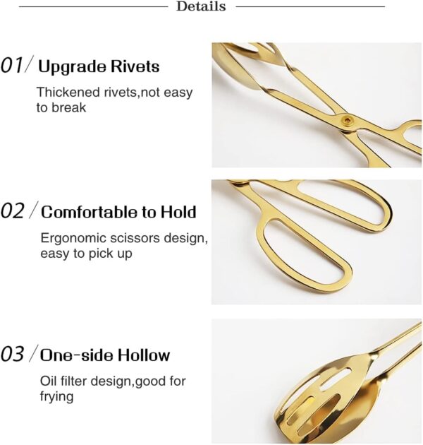 2 Pieces Buffet Salad Tongs for Kitchen Serving and Cooking, Stainless Steel Food Scissor Tongs, Catering Utensil for Bread Cake Bake Steak Barbecue (Gold) - Image 3