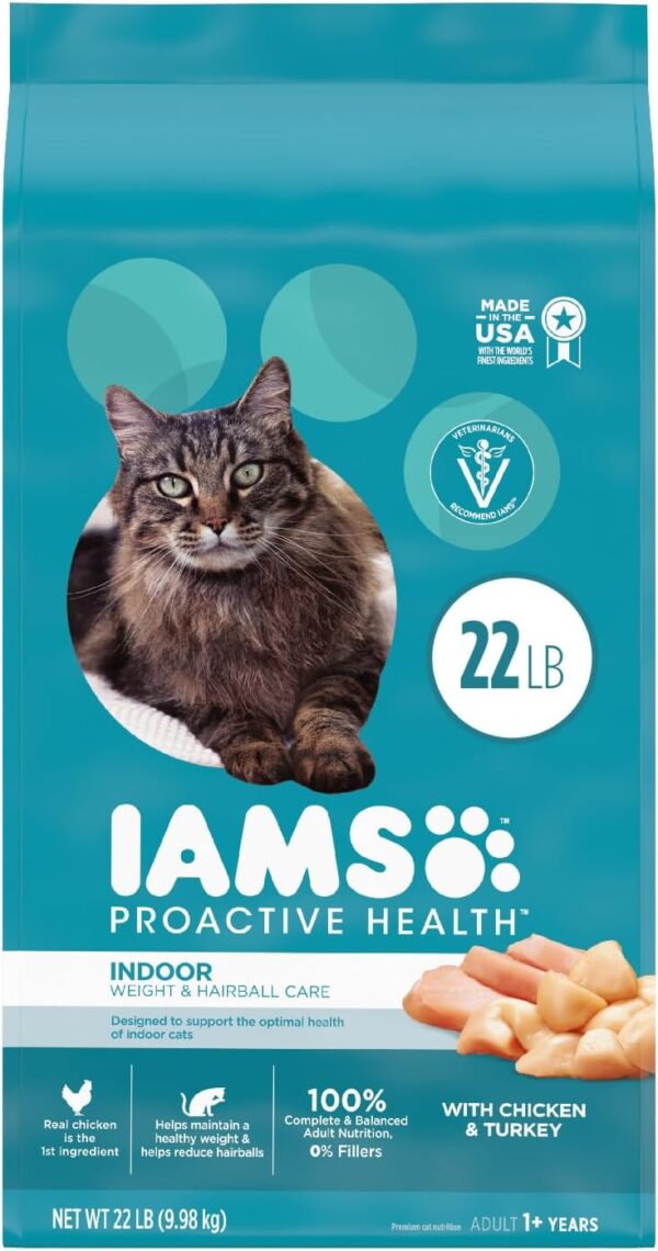 IAMS Proactive Health Indoor Weight Control & Hairball Care Adult Dry Cat Food with Chicken & Turkey, 22 lb. Bag