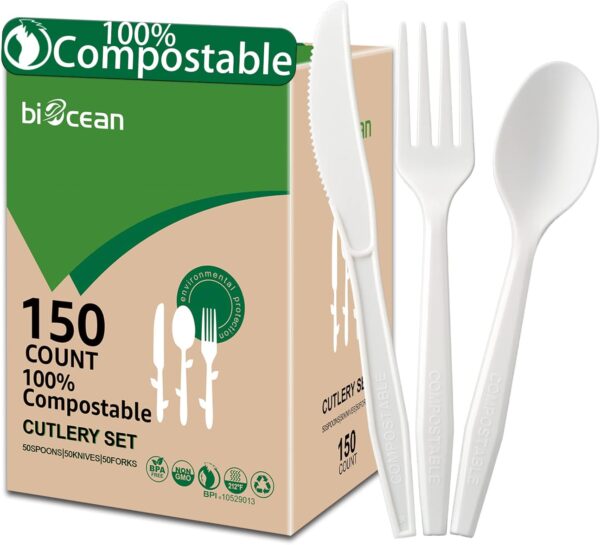 100% Compostable No Plastic Knives Forks Spoons Utensils, The Heavyweight Heavy Duty Flatware is Eco Friendly Products for Lounge Party Wedding BBQ Picnic Camping.