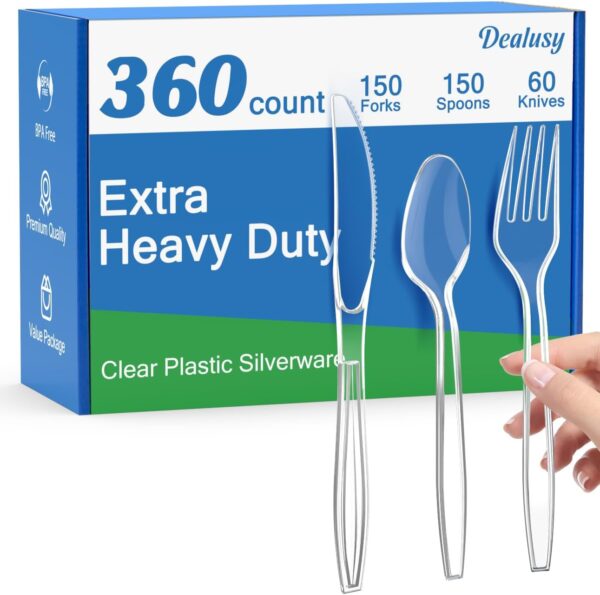 360 Count Extra Heavy Duty Clear Plastic Silverware, 150 Forks, 150 Spoons, 60 Knives, BPA-Free, Heat Resistant, Disposable Plastic Utensils Set, Plastic Cutlery Set, Plasticware Bulk