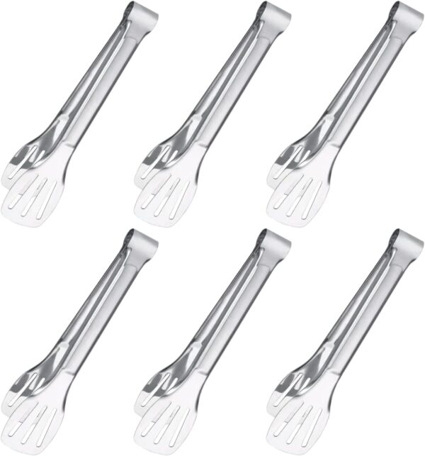 6PCS Serving Tongs, 7Inch Buffet tongs, Stainless Steel Food Tong Small Serving Utensils for Cooking, Entertaining, Salad, Barbecue, Buffet, Toast and Steak by Sunenlyst (Stainless buffet tongs)