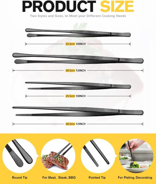 4 Pcs Fine Long Tweezer Tongs Professional Black, 12'' and 10'' Stainless Steel for Kitchen, Food, Cooking, Repairing, Sea food and BBQ - Image 4