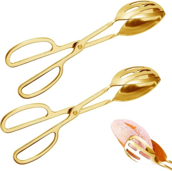 2 Pieces Buffet Salad Tongs for Kitchen Serving and Cooking, Stainless Steel Food Scissor Tongs, Catering Utensil for Bread Cake Bake Steak Barbecue (Gold)