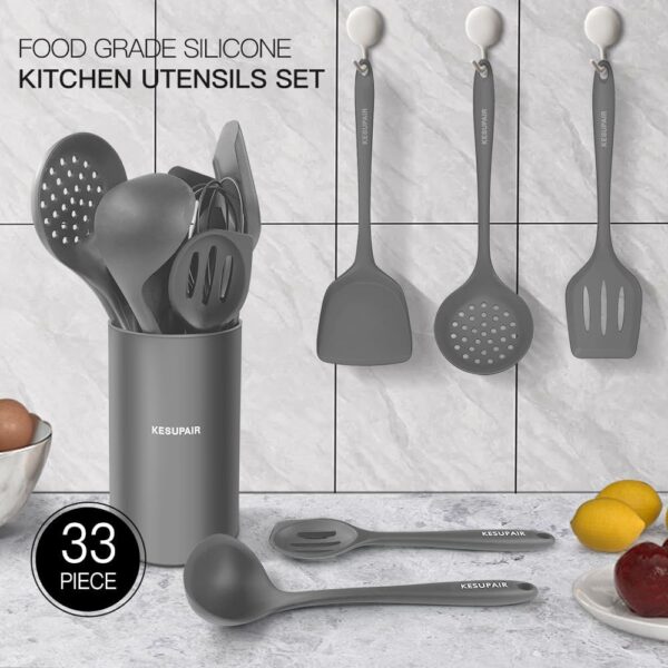 Kitchen Utensils Set - 446°F Heat Resistant Silicone Cooking Utensil Set-Kitchen Tools and Gadgets for Cooking Nonstick Cookware with Tongs,Turner,Spatula,Spoon,Brush,Peeler,Grater,Scissors (Gray) - Image 3