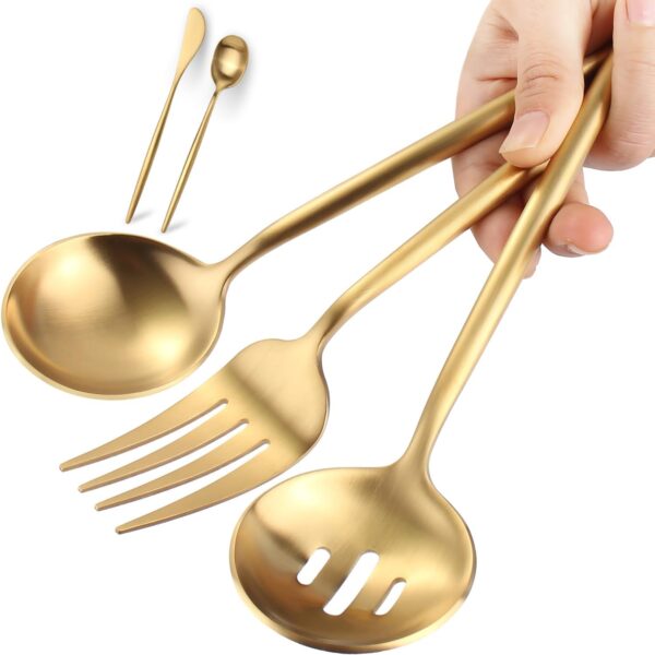 Large Serving Utensils Set,5 Pcs Stainless Steel Gold Serving utensils with 10.8 Inch Serving Fork,10.3 Inch Serving Spoon and Slotted Serving Spoon,Sugar Spoon and Butter Knife for Buffet