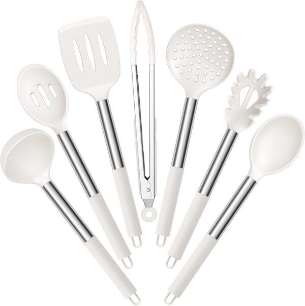 E-far Silicone Cooking Utensils Set, 7 Pcs Heat Resistant Kitchen Utensils with Stainless Steel Handle, Slotted Turner, Spoon, Soup Ladle, Pasta Server, Skimmer, Tongs for Nonstick Cookware, White