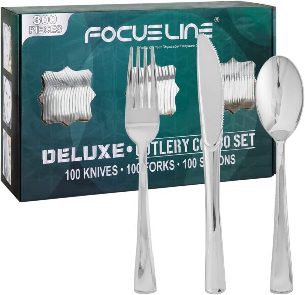 FOCUSLINE 300 Pack Silver Plastic Cutlery Set - 100 Forks, 100 Knives, 100 Spoons - Disposable Flatware Heavy Duty Plastic Silverware Set for Catering, Parties, Dinners, Weddings