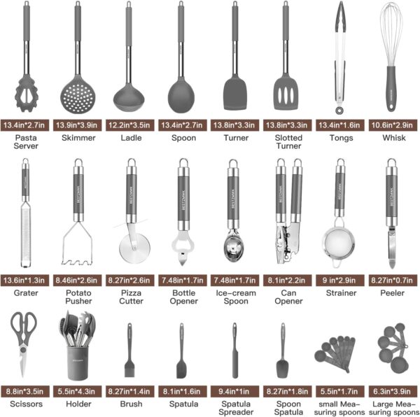 Kitchen Utensils Set-Silicone Cooking Utensils-32pcs Non-Stick Silicone Cooking Kitchen Utensils Spatula Set with Holder-Best Kitchen Cookware with Stainless Steel Handle (Grey) - Image 2