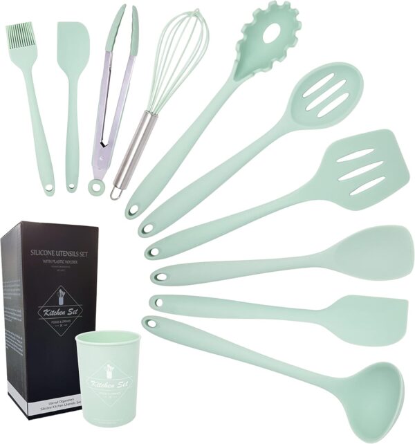 K & G Silicone Cooking Utensils Set of 11 Pieces Food Grade, Heat Resistant Green Kitchen Utensils Set Non-Stick Dishwasher Safe, Odourless and Cookware Friendly utensils