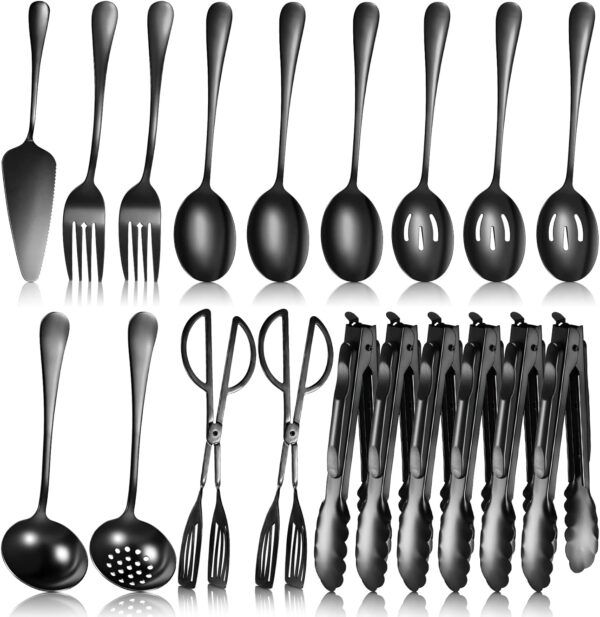 19 Pieces Serving Flatware Set Including Stainless Steel Spatulas, Forks, Spoons, Perforated Spoons, Soup Spoons, Skimmers Spoon, Buffet Tongs, Heavy Duty Serving Tongs for Home(Black)