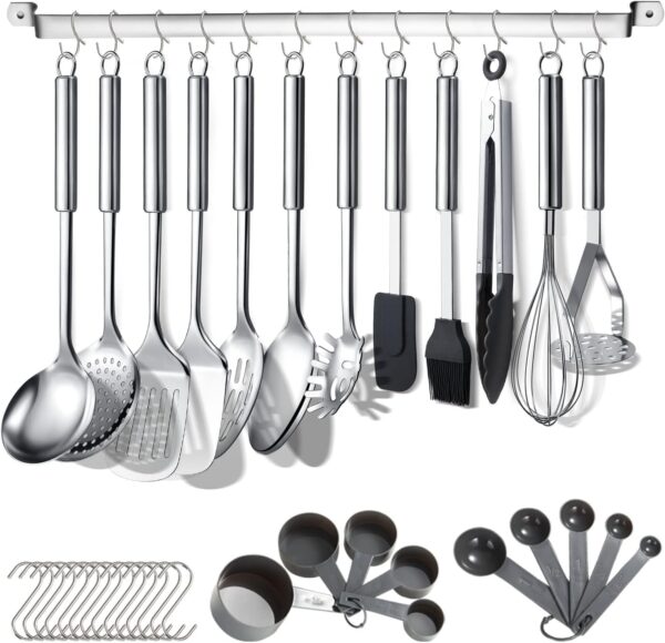 Berglander Kitchen Utensils Set 38 Pieces, Stainless Steel Cooking Utensils Set, Kitchen Gadgets Cookware, Kitchen Tool Set with Utensil Holder Rack And Hooks For Hanging Dishwasher Safe