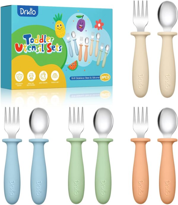 DRKIO 8 Pieces Toddler Utensils Set - Kids Silverware Set with Silicone Handle Children Safe 18/8 Stainless Steel Forks and Spoons Anti-Choke Design Food Grade Dishwasher Safe