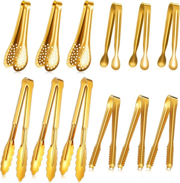 12 Pieces Tongs for Serving Utensils Mini Serving Tong Stainless Steel Appetizer Tongs Ice Sugar Tong Food Tong Cooking Tong for Salad Kitchen Buffet Party, 5 Inch, 9 Inch (Gold)