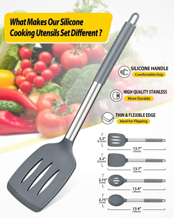 Pack of 4 Silicone Cooking Utensils Set, Non Stick Large Solid Spatulas, Heat Resistant Gray Slotted Spoons, Ideal BPA Free Kitchen Turners for Frying, Mixing,Serving,Draining,Turning,Stirring - Image 2