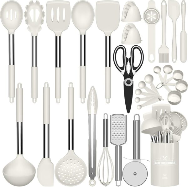 Kitchen Utensils Set- 30 PCS Cooking Utensils with Turner, Spatula, Spoon, Tongs, Grater, Heat Resistant Food Grade Silicone Kitchen Gadgets Tools Set for Nonstick Cookware (White)