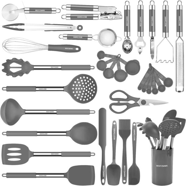 Kitchen Utensils Set-Silicone Cooking Utensils-32pcs Non-Stick Silicone Cooking Kitchen Utensils Spatula Set with Holder-Best Kitchen Cookware with Stainless Steel Handle (Grey)