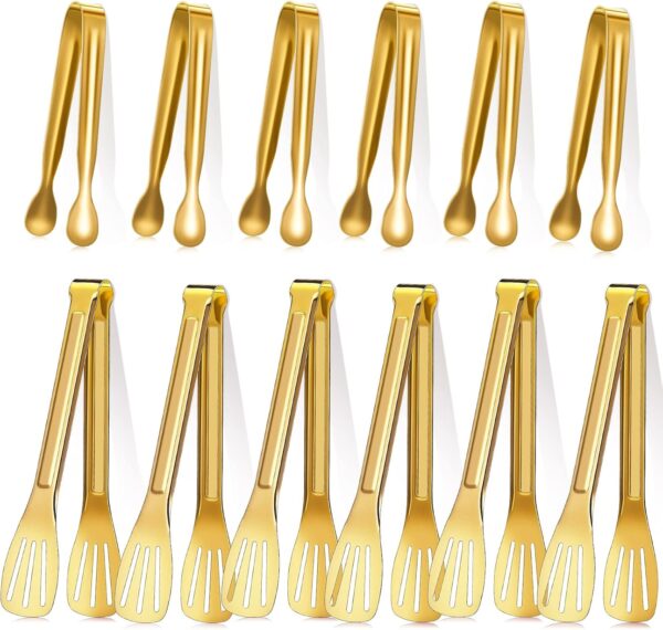 Sawysine 12 Pcs Gold Appetizer Tongs Small Serving Tongs Cooking Tongs for Serving Stainless Steel Food Tong with Mini Tongs for Appetizers Tea Party