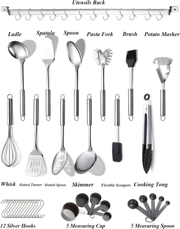 Berglander Kitchen Utensils Set 38 Pieces, Stainless Steel Cooking Utensils Set, Kitchen Gadgets Cookware, Kitchen Tool Set with Utensil Holder Rack And Hooks For Hanging Dishwasher Safe - Image 2