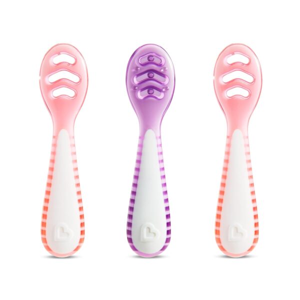 Munchkin® Gentle Dip™ Multistage First Spoon Set for Baby Led Weaning, Self Feeding, Solids & Purees, 3 Pack, Coral/Purple