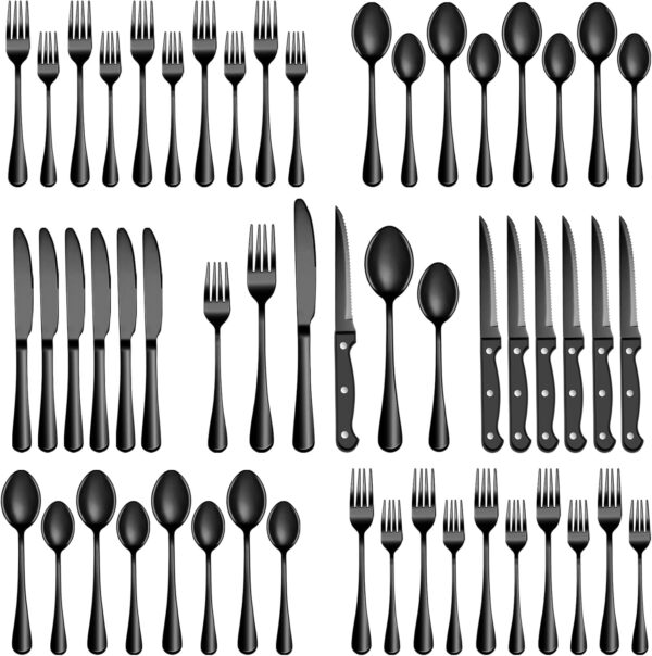 24 Pcs Black Silverware Set with Steak Knives, Stainless Steel Flatware Cutlery Set Service for 4, Kitchen Tableware Set, Utensil Set for Home and Restaurant, Knives Forks Spoon Set, Dishwasher Safe