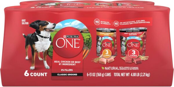 Purina ONE Classic Ground Chicken and Brown Rice, and Beef and Brown Rice Entrees Wet Dog Food Variety Pack - (Pack of 6) 13 oz. Cans