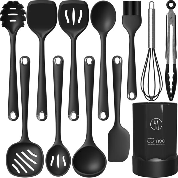 Silicone Cooking Utensils Set - 600°F Heat Resistant Silicone Kitchen Utensils,Spatulas,Spoons,Whisk,Tongs,Basic Kitchen Utensil Spatula Sets for Nonstick Cookware,Dishwasher Safe BPA Free (Black)