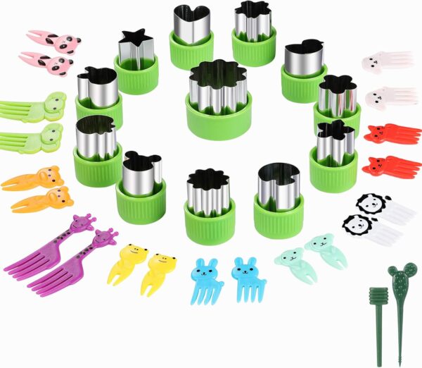 Vegetable Cutters Shapes Set, 12pcs Stainless Steel Mini Cookie Cutters, Vegetable Cutter and Fruit Stamps Mold + 20pcs Cute Cartoon Animals Food Picks and Forks -for Kids Baking and Food Supplement