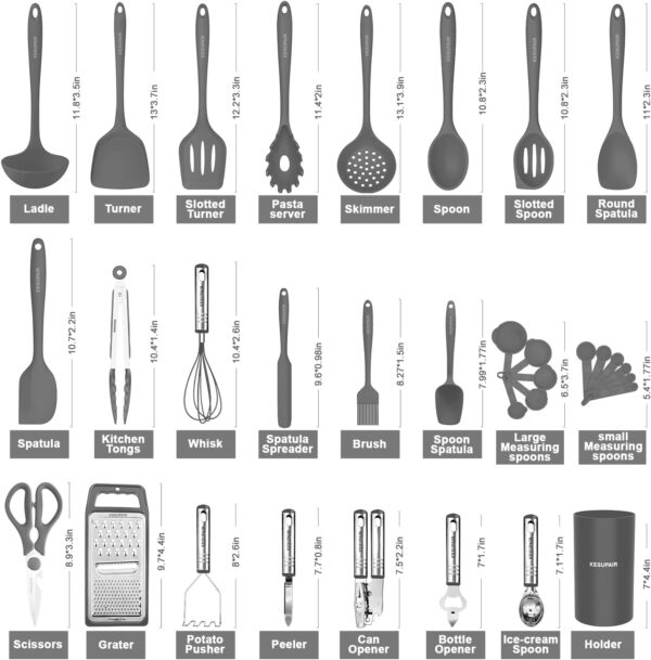 Kitchen Utensils Set - 446°F Heat Resistant Silicone Cooking Utensil Set-Kitchen Tools and Gadgets for Cooking Nonstick Cookware with Tongs,Turner,Spatula,Spoon,Brush,Peeler,Grater,Scissors (Gray) - Image 2