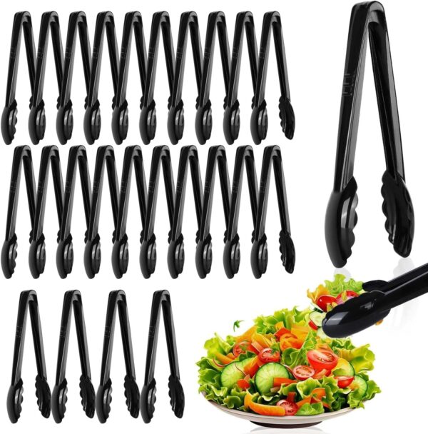 24 Pc Plastic Tongs for Serving 9 Inch Bulk Reusable or Disposable Tongs Heavy Duty Hard Plastic Serving Utensils Set Large Salad Tong for Kitchen Party Food Buffet Appetizer BBQ Event Catering(Black）