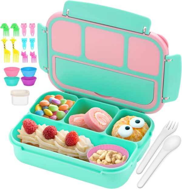 QQKO Bento Box for Kids Adults, School Toddler Lunch Box for Boys Girls, Lunch Box Containers with 4 Compartments, Sauce Container, Utensils, Food Picks and Muffin Cups for School, Pink Green