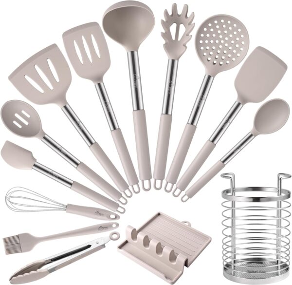 HOTEC Heat Resistant Silicone Kitchen Utensils, Cooking Utensil Set, Spatula Set, BPA Free, Kitchen Gadgets, With Stainless Steel Utensils Holder, Dishwasher Safe 14pcs Khaki